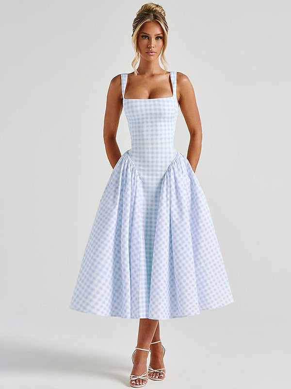 Plaid Print, Fitted Waist, Sexy Backless Halter Maxi Dress