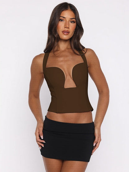 Hollow-out Bralette With Underwire, Tight-fitting Solid Color Halter Neck Double-layer Vest