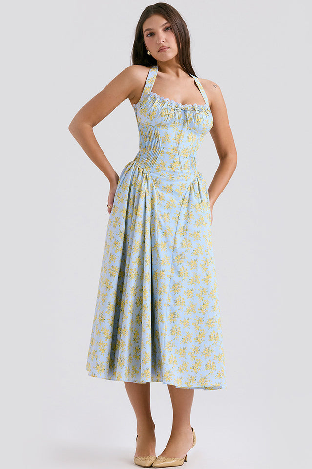 Halter Sweetheart Neck Lace Trim Ditsy Floral Corset Bodice Midi Dress