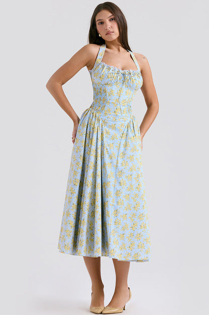 Halter Sweetheart Neck Lace Trim Ditsy Floral Corset Bodice Midi Dress