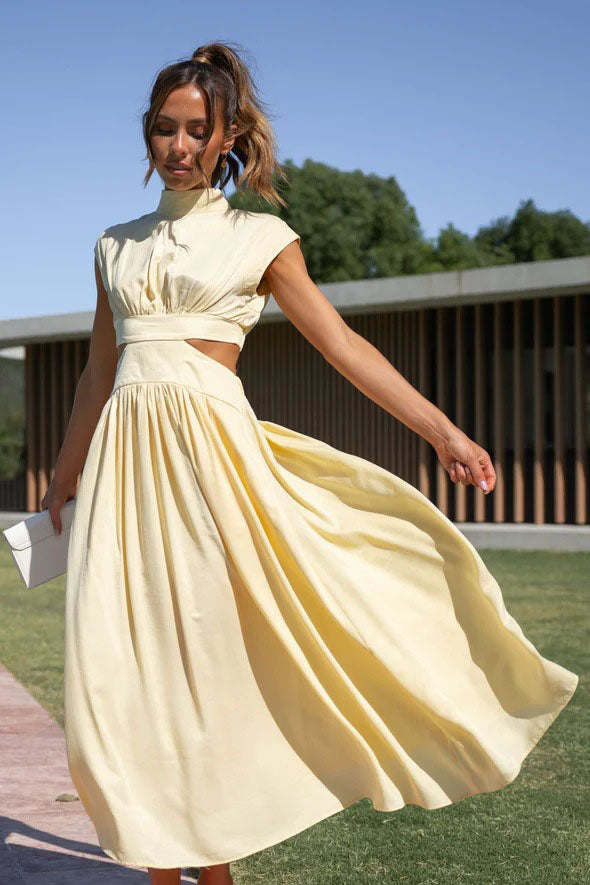 Mock Neck Ruched Bodice Waist Cut Out Flowy Midi Dress