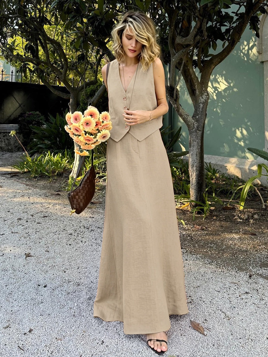 Cotton And Linen Loose Buttons Vests High-waisted Midi Skirt Set 2-piece Sets