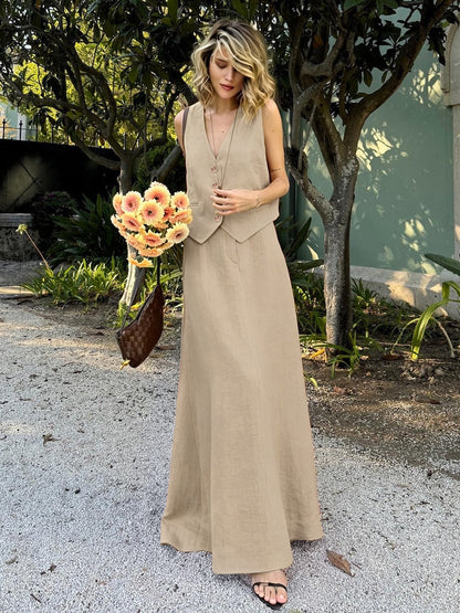 Cotton And Linen Loose Buttons Vests High-waisted Midi Skirt Set 2-piece Sets