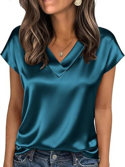 V-neck Satin Leisure Solid Color T-shirts