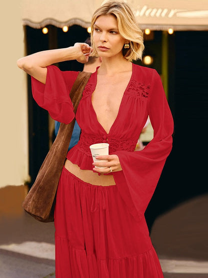 Two-piece Set: Lace Chiffon Cardigan Top, Loose-fitting Sheer Belted Skirt