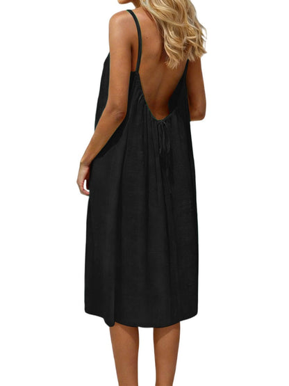 Ice Silk Linen Backless Halter Solid Color Midi Dress