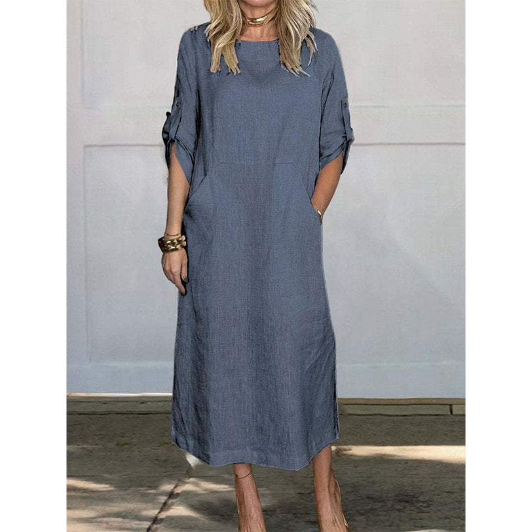 Linen Blend Roll Tab Sleeve Patch Pocket Relaxed Midi Dress