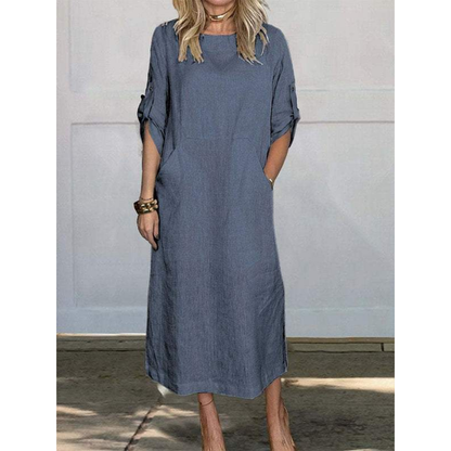 Linen Blend Roll Tab Sleeve Patch Pocket Relaxed Midi Dress