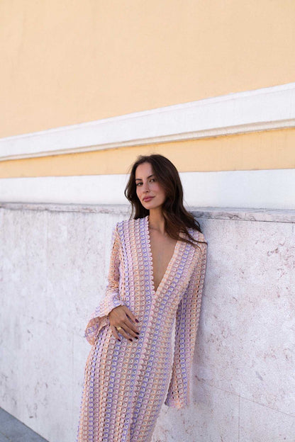 Scallop Circle Print Deep V-Neck Long Sleeve Front Slit Maxi Dress