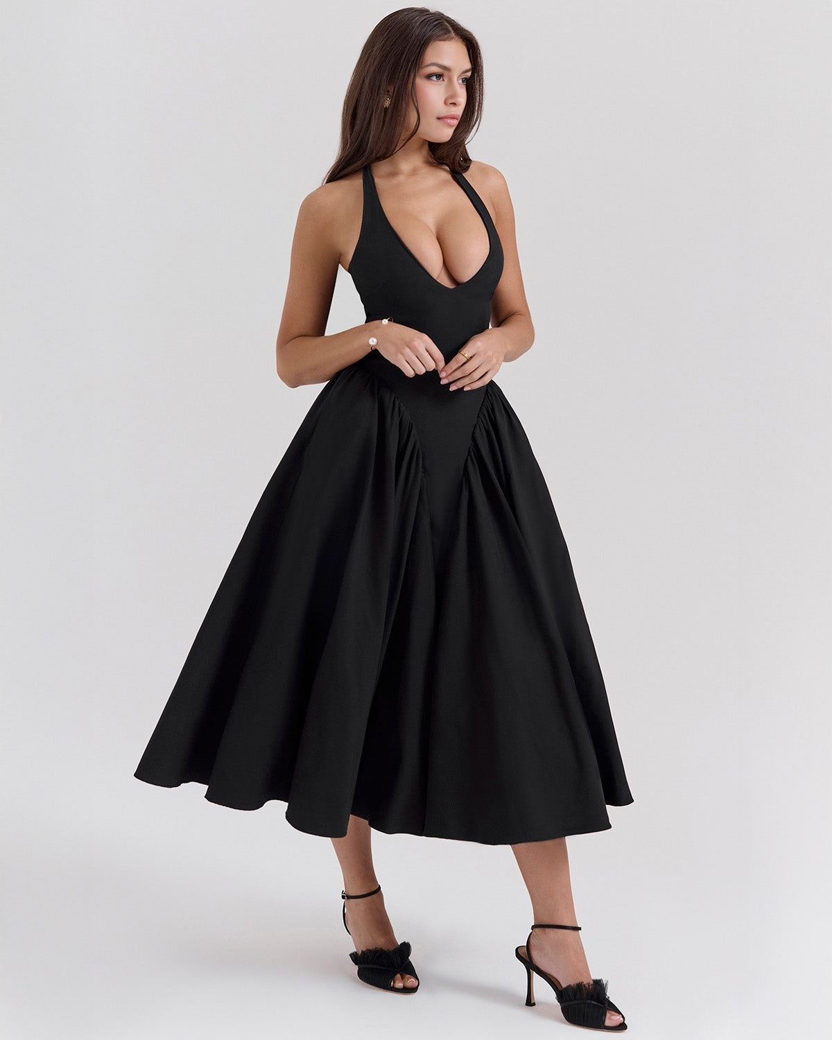 Halter Neck Plunging V Neck Dropped Waist Pleated Full Skirt Midi Dress