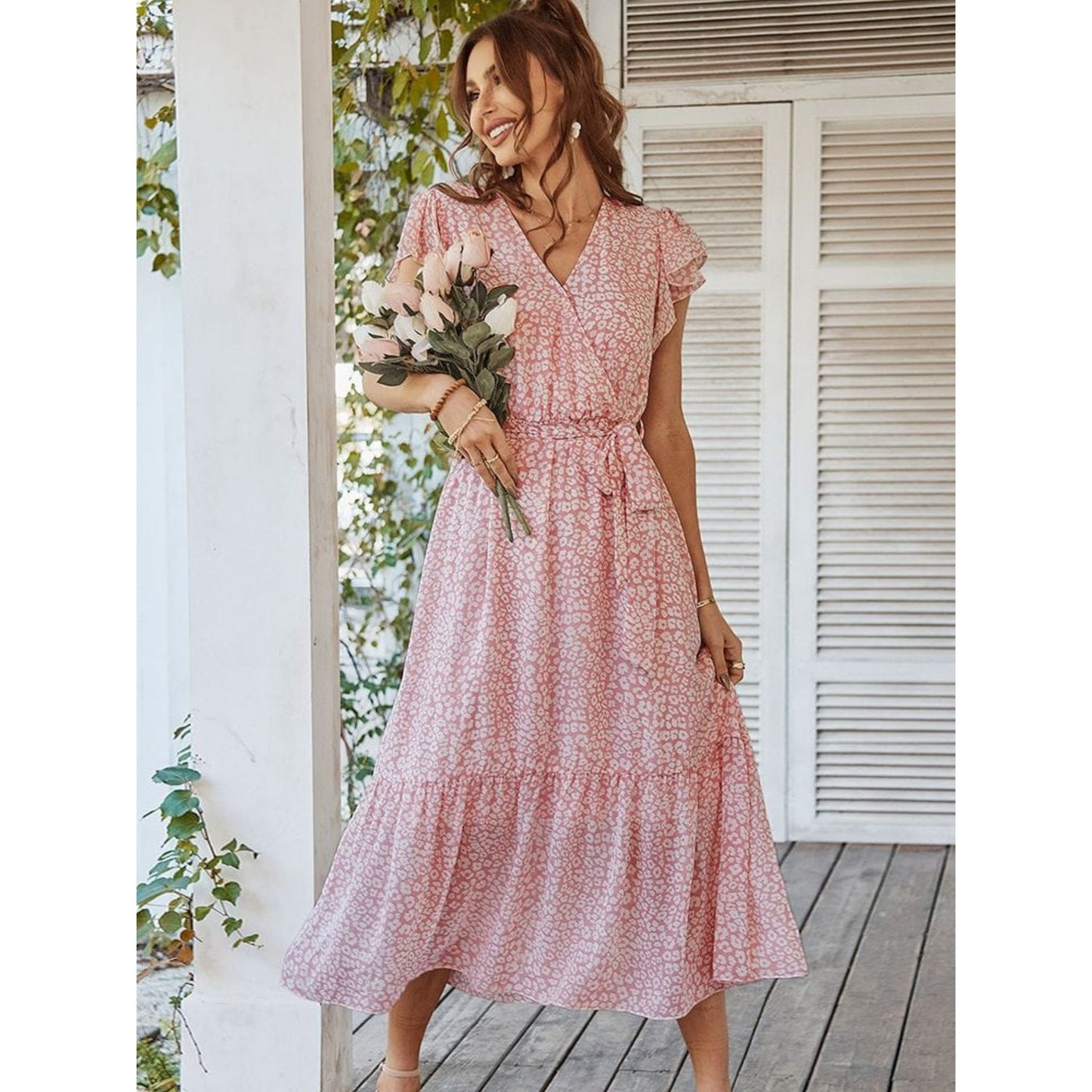 Print Wrap V-Neck Flutter Sleeve Tiered Ruffle Midi Dress