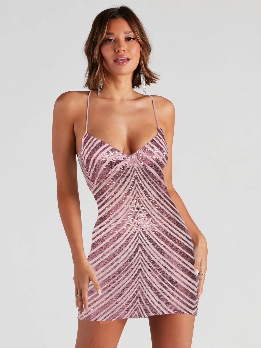 Sequins Backless Sexy Camisoles Formal Dress Mini&Short Dresses