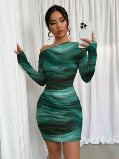 Pleated Slim-fit Hip-hugging Slant Collar Printed Mini&Short Dresses