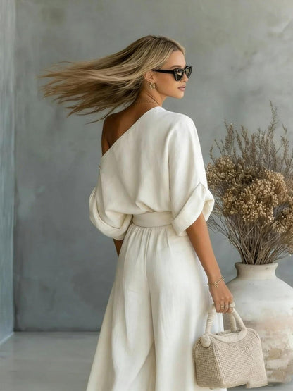 Loose-fit Off-shoulder Jacket Wide-leg Pants Set 2-piece Sets