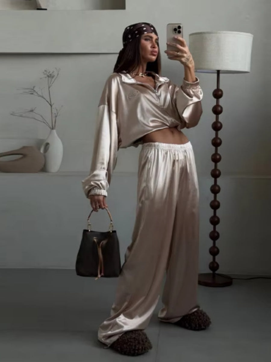 Zippered Loose Sweatshirt Jacket And Wide-Leg Pants Two-Piece Set