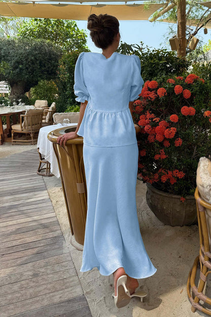 Puff Sleeve Tie-up Ruffle Cotton Shirt Skirt Set
