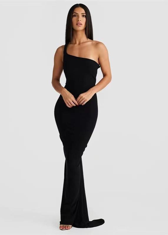 One Shoulder Asymmetric Drape Twisted Strap Bodycon Maxi Dress