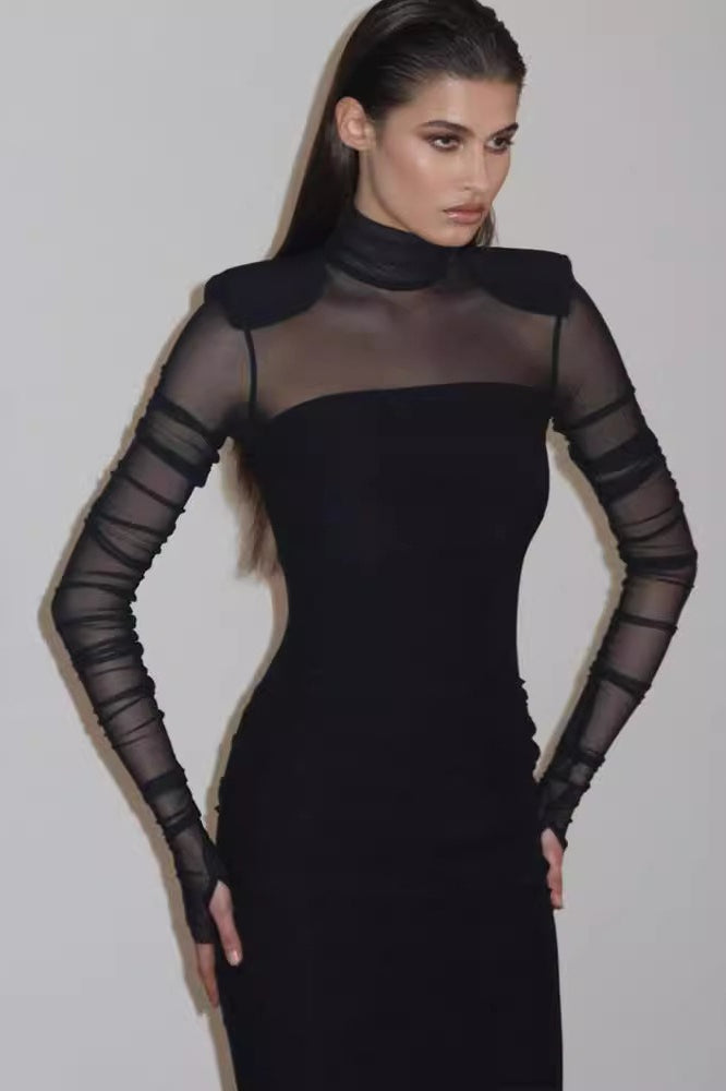 Mock Neck Mesh Panel Power Shoulder Ruched Bodycon Midi Dress