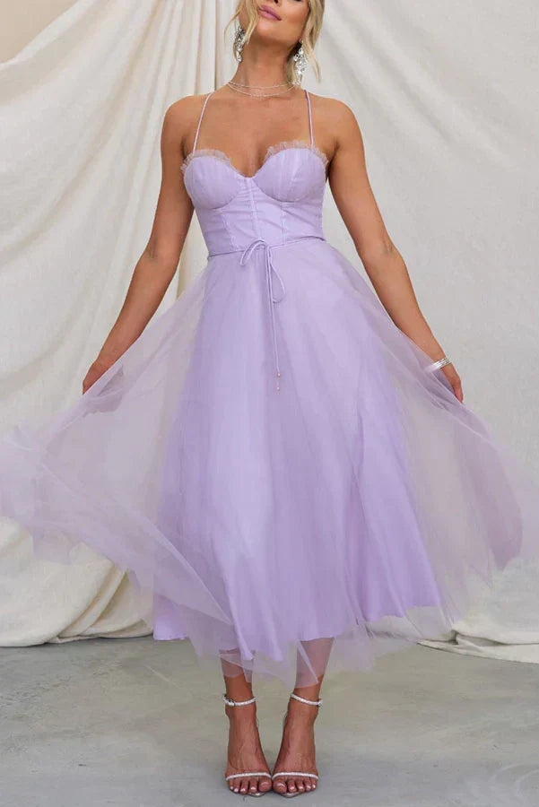 Sweetheart Neck Spaghetti Strap Corset Lace Up Tulle Skirt Midi Dress