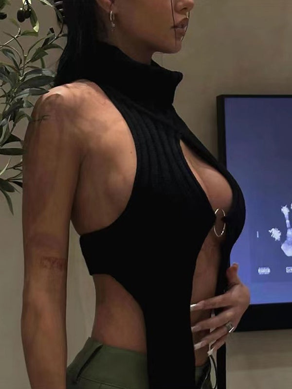 Cutout Metal Ring Slit Backless Knit Tank Top