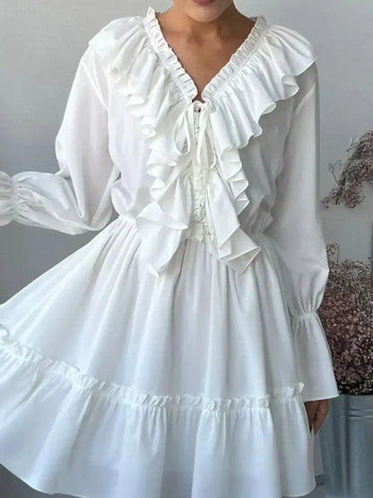 Chiffon Deep V-Neck Ruffle Trim Bell Sleeve Tiered Mini Dress