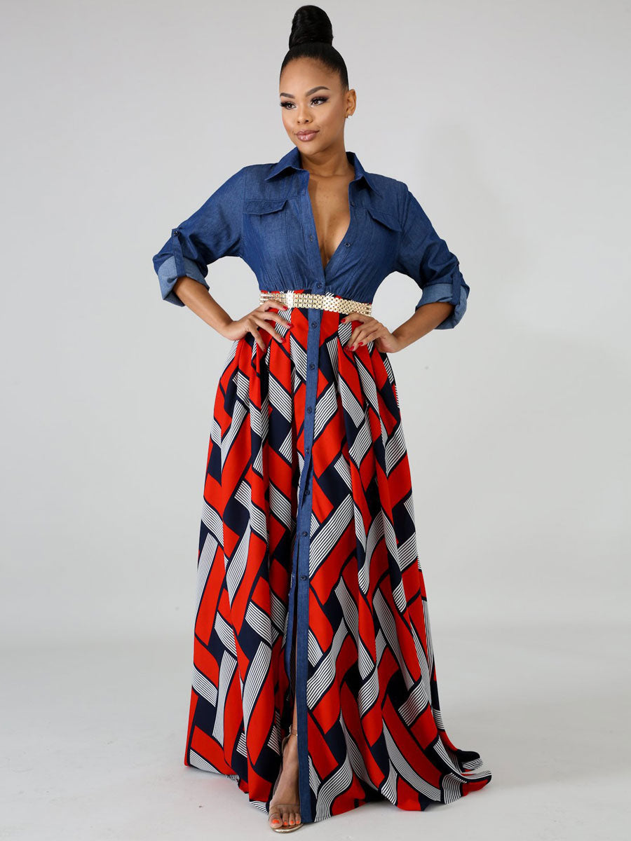 Red Maxi Dresses For Women Long Sleeves Printed V-Neck Lace Up Oversized Long Dress