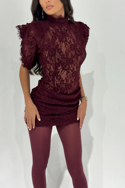 Bold and Alluring Lace High Neck Statement Padded Shoulder Wide Sleeve Ruched Mini Dress