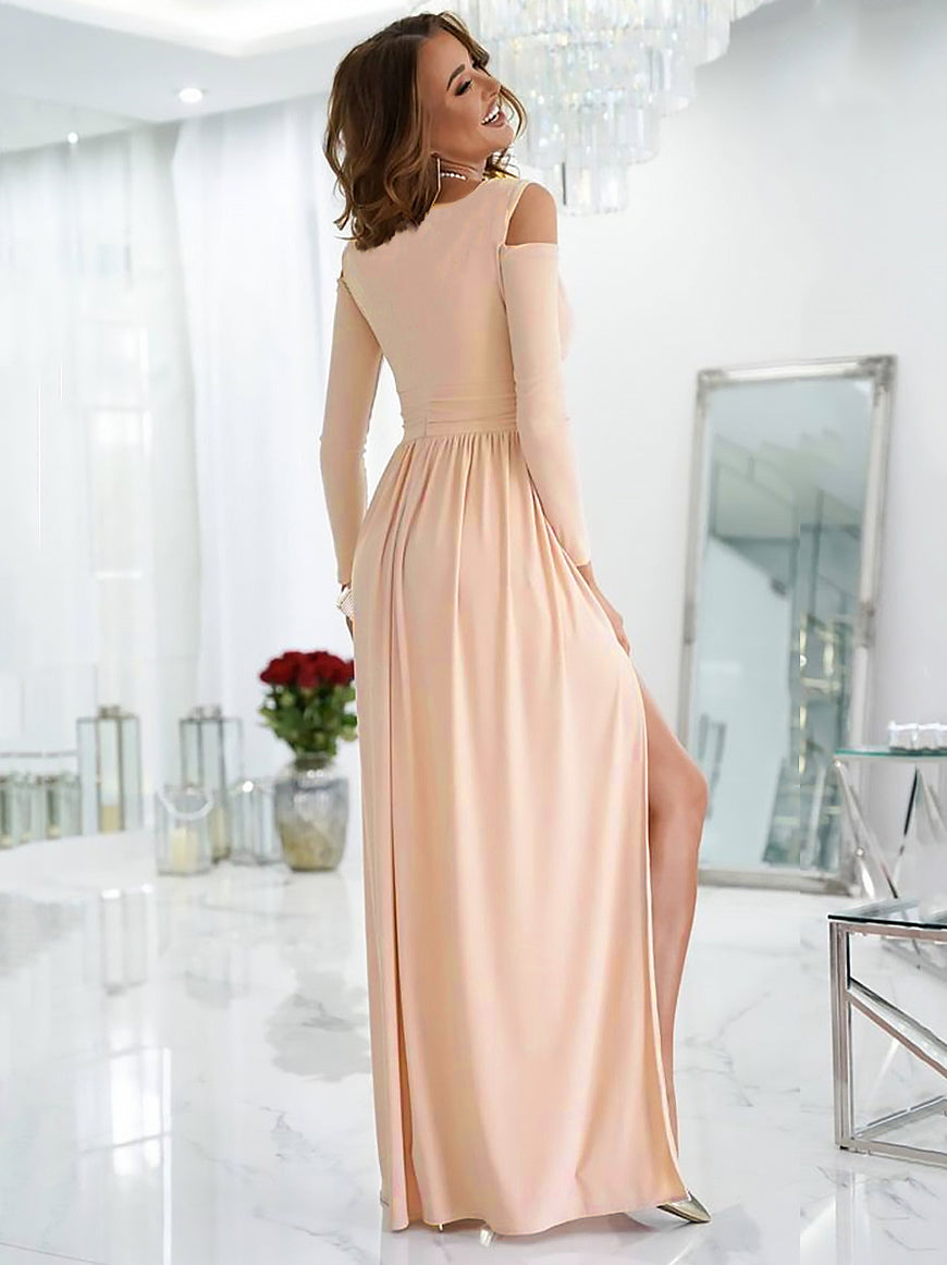 Maxi Dress V-Neck Cold Shoulder Layered Cut Out Sexy Slit Prom Dress