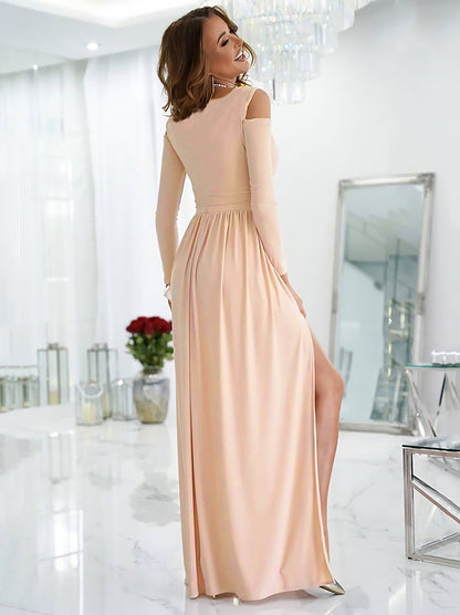 Maxi Dress V-Neck Cold Shoulder Layered Cut Out Sexy Slit Prom Dress