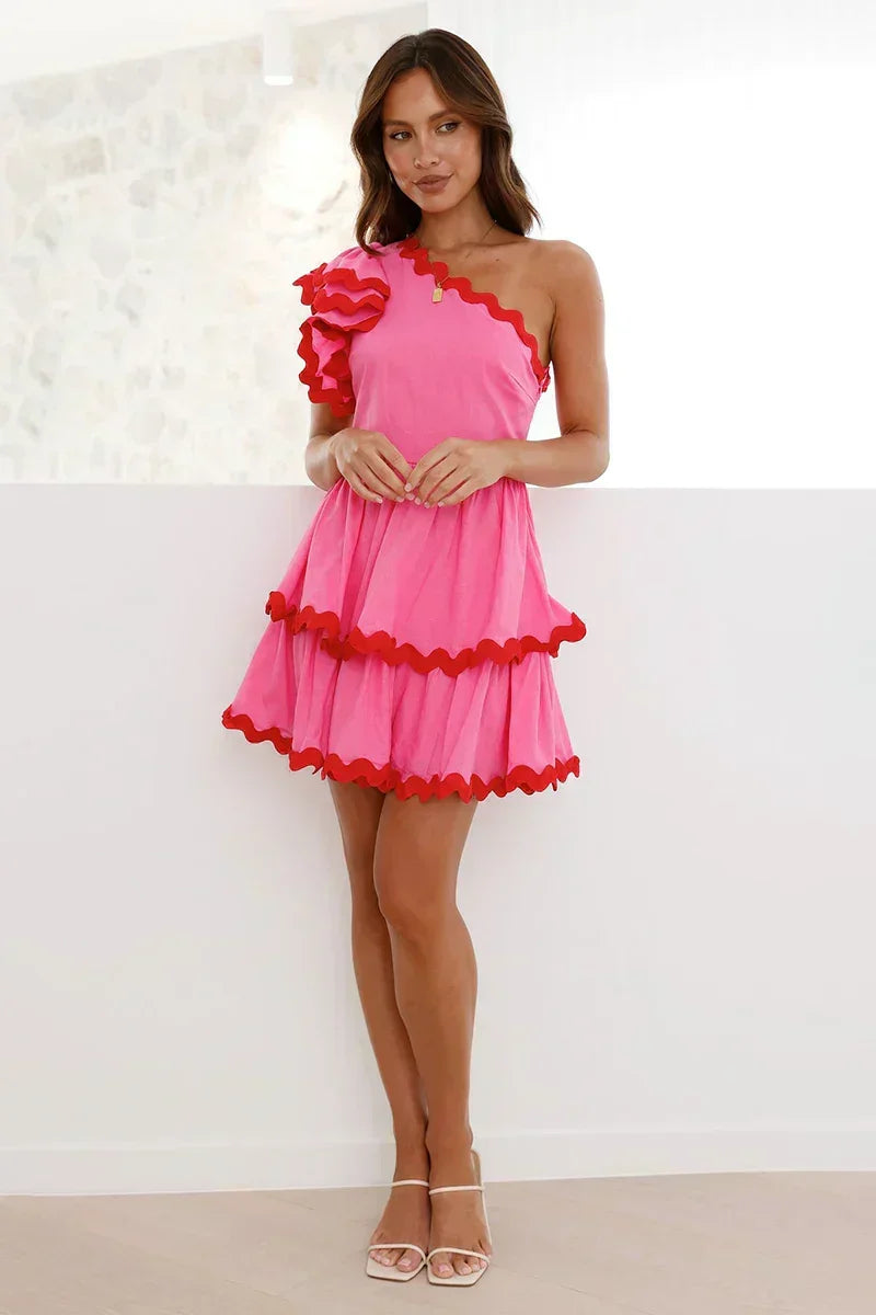 One Shoulder Ruffle Trim Scalloped Edge Tiered Mini Dress