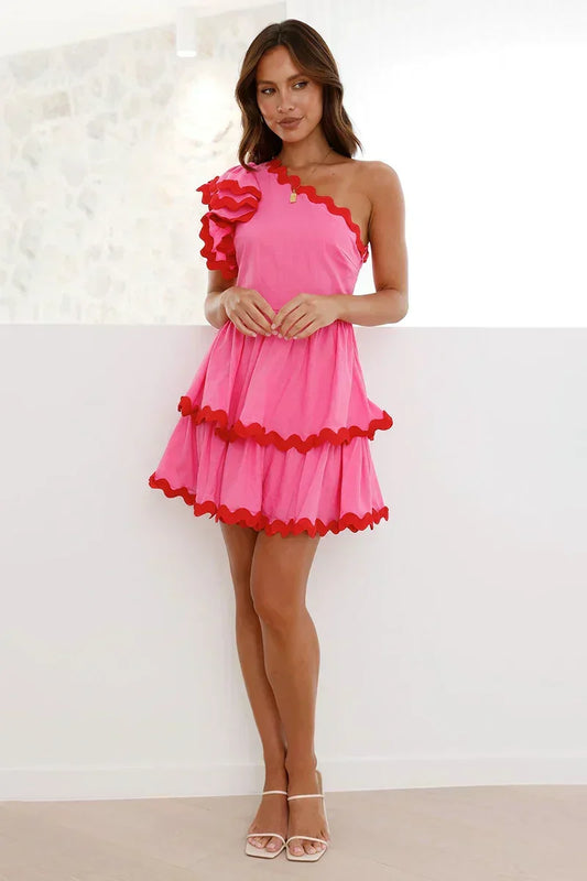 One Shoulder Ruffle Trim Scalloped Edge Tiered Mini Dress