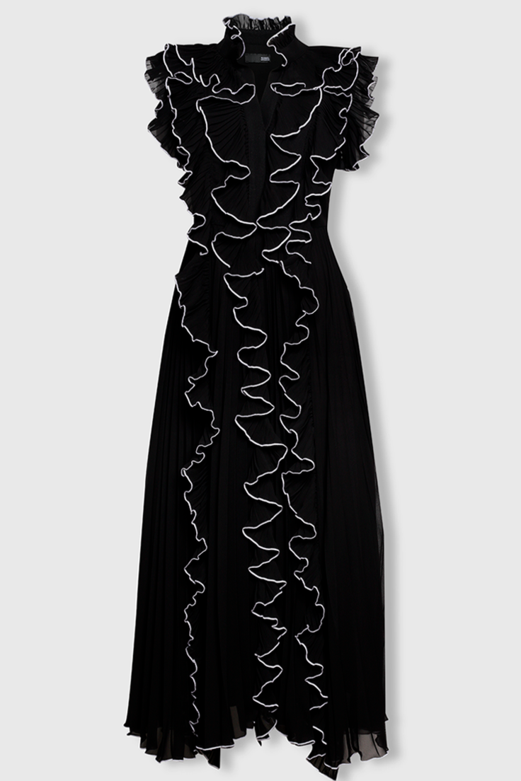 V-Neck Frill Sleeveless Solid Midi Dress