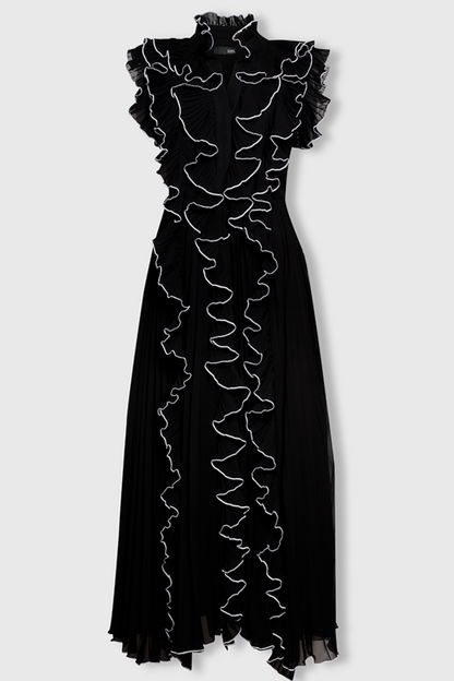 V-Neck Frill Sleeveless Solid Midi Dress
