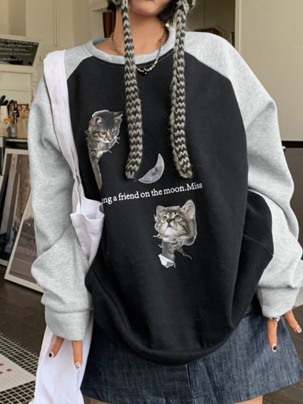 Cat Print Raglan Fleece Oversized Hoodie