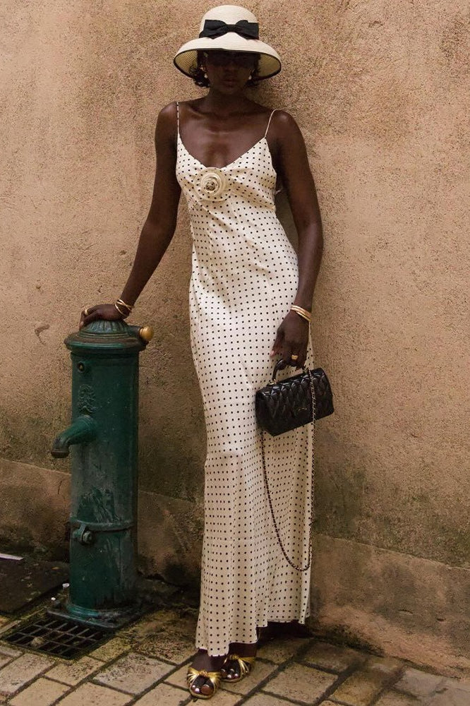 Polka Dot Spaghetti Strap Rosette Detail Cowl Neck Tiered Slip Maxi Dress