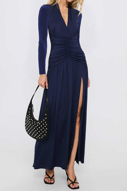 Deep V Ruched Long Sleeve Slit Fitted Waist Maxi Dress