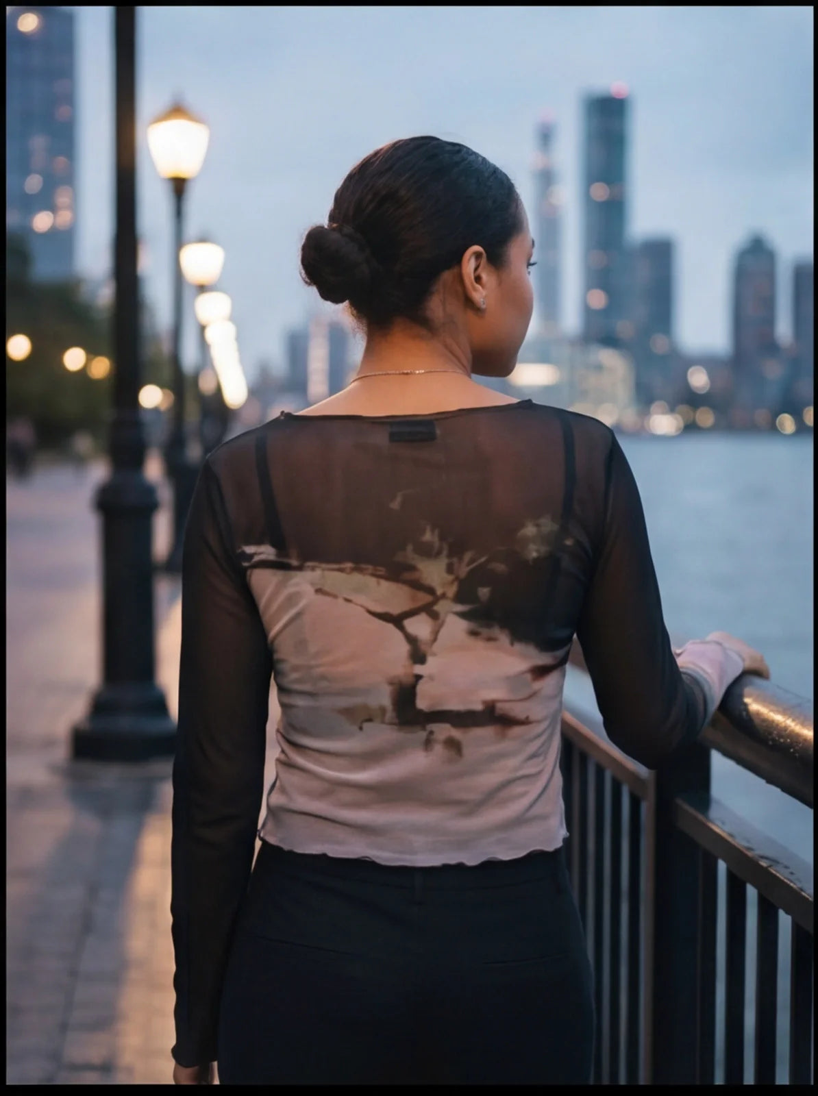 Abstract Print Black Mesh Long Sleeve Sheer Top