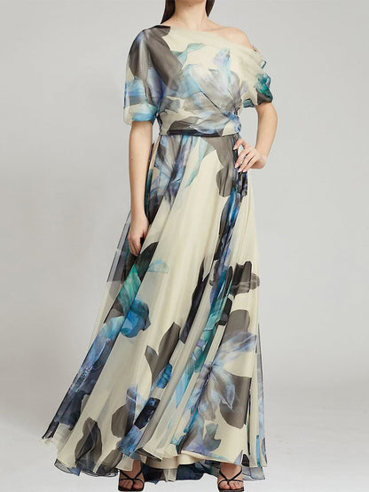 Floral Dress Maxi Dresses Dresses Floral Print Backless Pleated One-Shoulder Short Sleeves Backless Bohemian Summer