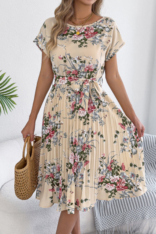 Floral Print Round Neck Fitted Waist Tie Pleated Midi Dress