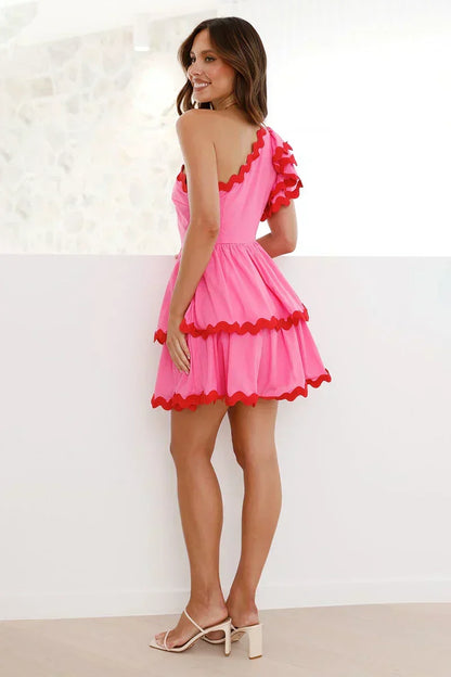 One Shoulder Ruffle Trim Scalloped Edge Tiered Mini Dress