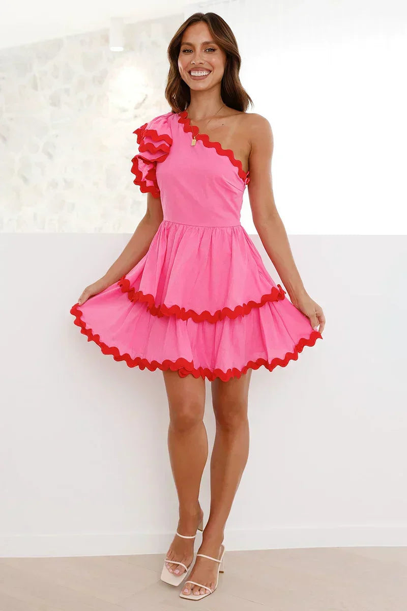 One Shoulder Ruffle Trim Scalloped Edge Tiered Mini Dress