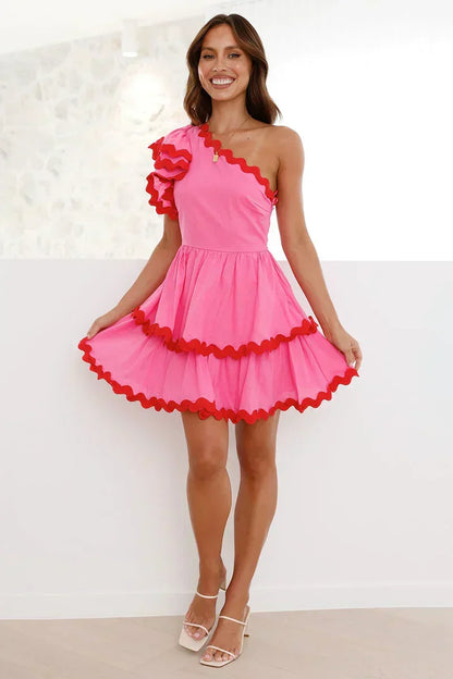 One Shoulder Ruffle Trim Scalloped Edge Tiered Mini Dress