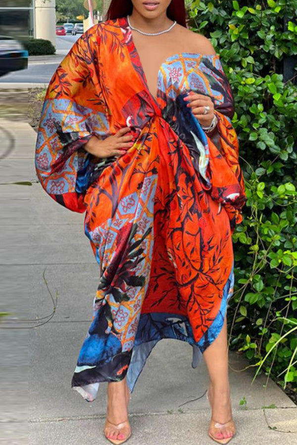 Sexy Plus Size Satin Print V-neck Batwing Sleeve Slit Loose Maxi Dress