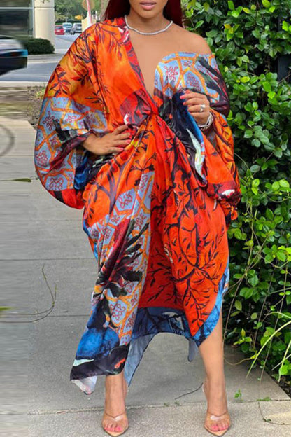 Sexy Plus Size Satin Print V-neck Batwing Sleeve Slit Loose Maxi Dress