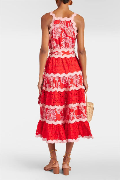 Floral Lace Wavy Line Midi Dress With Belt