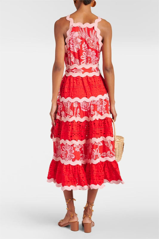 Floral Lace Wavy Line Midi Dress With Belt