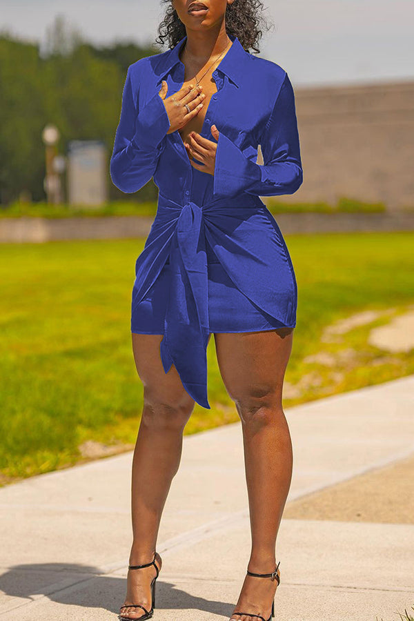 Fashion Long Sleeve Knotted Viscose Solid Color Mini Dress