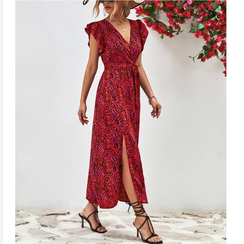 Stylish V-Neck Split Print Maxi Dress Available in Colors
