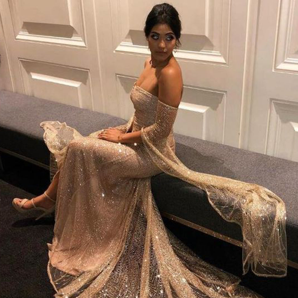 Off-the-Shoulder Sweetheart Mesh Insert Cape Sleeve Glitter High-Slit Maxi Gown