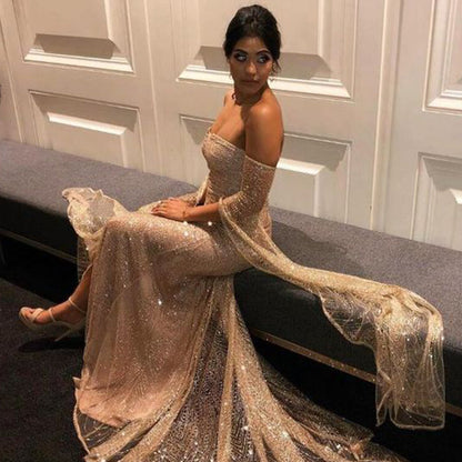 Off-the-Shoulder Sweetheart Mesh Insert Cape Sleeve Glitter High-Slit Maxi Gown